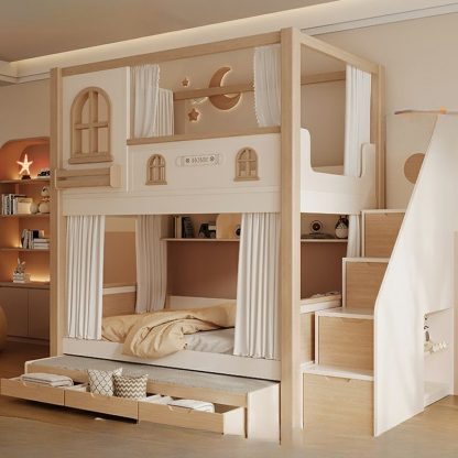 "Natural Color Bunk Children's Bed with 7 Drawers/4 Drawers Repository, Coir Mattress, Book Storage, Stairs, and Guardrail"