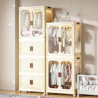 "Beige Synthetic Material Children's Wardrobe with Shelf, Clothing Rod, and Door"